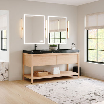 Shoji Bathroom Vanity, Double Sink, 72", Whitewash Oak, Freestanding