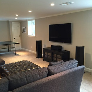 Design ideas for a large modern look-out basement in New York with grey walls, carpet, no fireplace and beige floors.