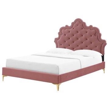 Tufted Platform Bed Frame, King Size, Velvet, Pink, Modern Contemporary, Bedroom