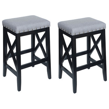 Nancy Farmhouse Upholstered Fabric Barstools, Set of 2, Light Gray, Black