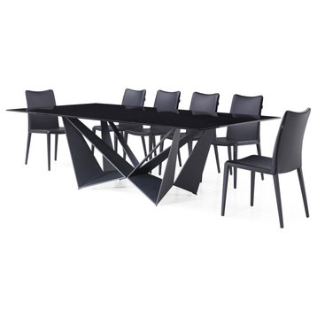 Modern Serra 94 Inch Smoked Glass Dining Table Set with 6 Chairs