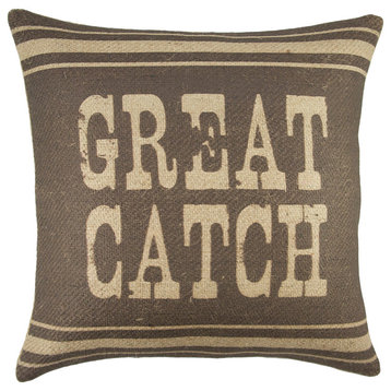 "Great Catch" Burlap Pillow, Brown