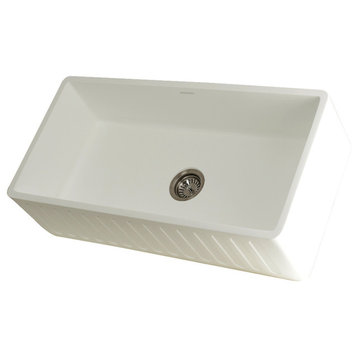 Solid Surface White Stone Front Farmhouse Single Bowl Kitchen Sink, Matte White