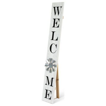 59" Antique White Wood Welcome Porch Sign, LED Light