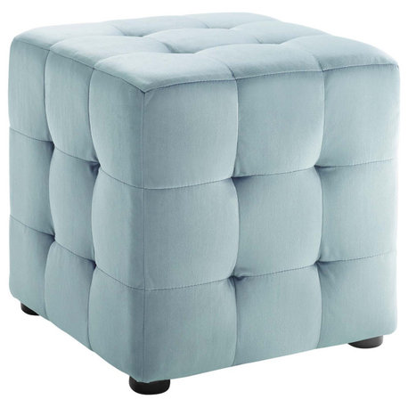 Contour Tufted Button Cube Performance Velvet Ottoman, Light Blue