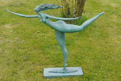 Big Futuristic Bronze Sculpture - Walking Female Nude - sign.