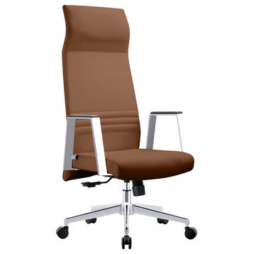 LeisureMod Aleen High-Back Leather Office Chair With Swivel and Tilt, Dark Brown