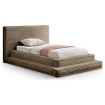Meridian Furniture - Drew Upholstered Bed, Taupe, Twin, Corduroy Fabric - Sweet slumber comes easier when you're snuggled up in this Drew taupe corduroy fabric twin bed. Upholstered in the softest taupe furry textured corduroy fabric from top to bottom, this handsome bed looks just as cuddly as your favorite teddy bear. Simplistic by design, the bed features a triple tier design to give it added visual appeal. A high headboard lends a dramatic touch to this bed, making it a focal point in your bedroom sanctuary.