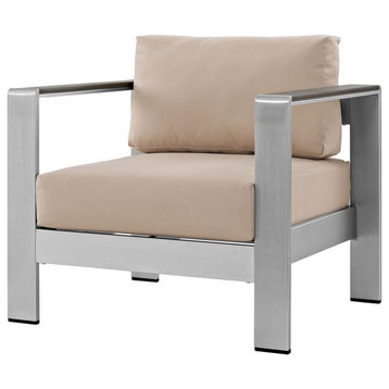 Contemporary Patio Armchair, Sleek Design With Metal Frame and Cushioned Seat, Beige