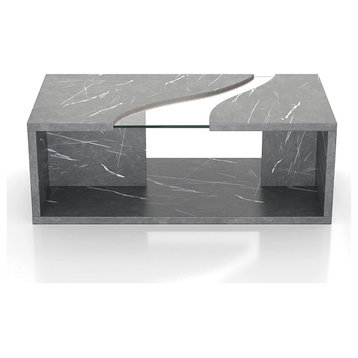 Unique Coffee Table, Large Top With Curved Glass Insert, Marble and Cement Look