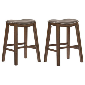 Home Square 2 Piece 29" Upholstered Faux Leather Saddle Bar Stool Set in Gray