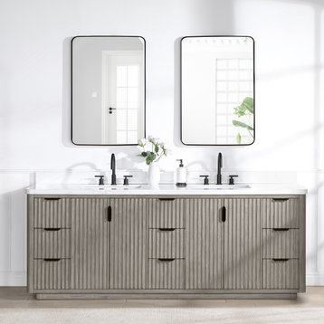 Cadiz Bathroom Vanity with Composite Stone Top, Grey, 84", With Mirror