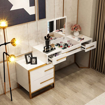 $599 White Makeup Vanity with Flip Top Mirror & Side Cabinet Dressing Table with