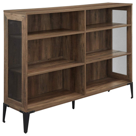 Industrial Bookcase, Mesh Metal Side Panels & 6 Open Compartments, Rustic Oak