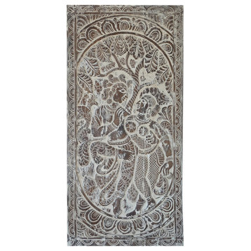 Consigned Vintage Wood Radha Krishna Custom Barndoor, Whitewash Wall Sculpture