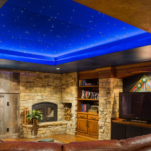 Design ideas for a rustic basement in Kansas City with yellow floors.