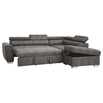ACME Thelma Sectional Sofa With Sleeper and Ottoman, Gray Polished Microfiber
