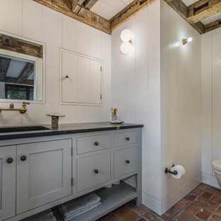 This is an example of a country bathroom in Grand Rapids with flat-panel cabinets, grey cabinets, a wall-mount toilet, white walls, brick floors, an undermount sink, red floor, black benchtops, a single vanity and planked wall panelling.