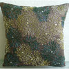 Multicolor Beaded Flower 14"x14" Art Silk Brown Pillow Covers, Floral Spark