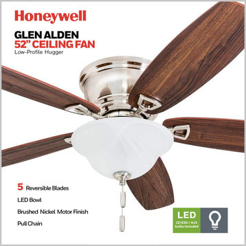 Honeywell Glen Alden Low Profile Ceiling Fan, 52 Inch, Brushed Nickel, Bowl Light