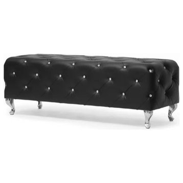Contemporary Upholstered Bench, PU Leather Seat & Crystal Button Tufting, Black