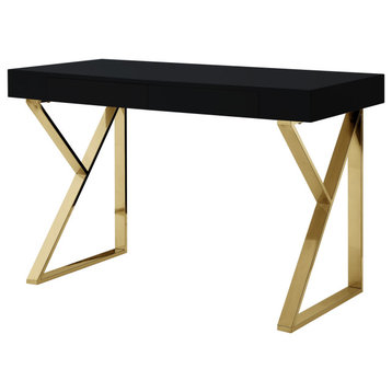 Keta High Gloss Modern Desk With Polished Metal Base, Black/Gold