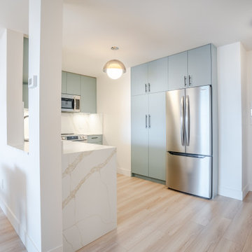 Open-Concept Condo Kitchen with Quartz Waterfall Peninsula – Woodcroft Renovatio