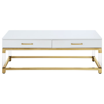 Dario High Gloss Coffee Table With Acrylic Legs and Metal Base, White/Gold