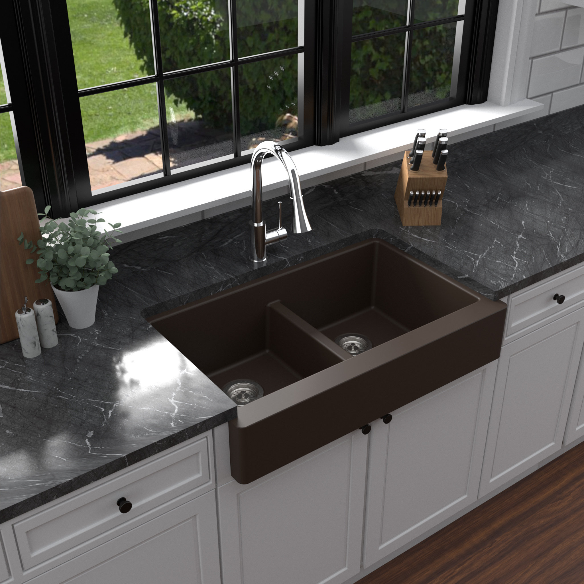 Karran Retrofit Farmhouse Quartz 34" Double Bowl Sink, Brown