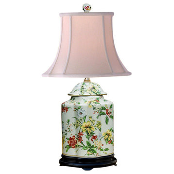 Chinese Floral Pattern Scalloped Porcelain Tea Caddy Table Lamp 22"