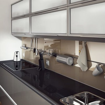 grey acrylic kitchen with aluminum framed doors