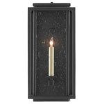 Currey & Company - Wright Small Outdoor Wall Sconce - The Wright Small Outdoor Wall Sconce in our Twelfth Street collection of outdoor lighting is similar to our Tanzy sconces but with an added armature surrounding the fixture to bring it an arts and crafts feel. It features a high-performance, weather-resistant Trilux finish that is fade resistant, crack resistant and rust resistant. We guarantee the finishes applied to our Twelfth Street pieces for five years. The metal on this black wall sconce in a midnight finish surrounds seeded-glass panes. It is certified for outdoor and damp locations, and we offer it in several sizes.