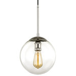 Fifth and Main - Asheville 10" Globe Pendant, Polished Nickel with Clear Glass Globe - A clear glass globe is suspended from a black cloth cord in this 1 light 10" pendant. Finished in polished nickel, the hand-worked iron details add a subtle industrial feel. The vintage style bulb offers visual interest when off and clean, bright light when it is illuminated.