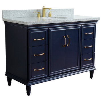 49" Single Sink Vanity, Blue Finish With Gray Granite and Oval Sink