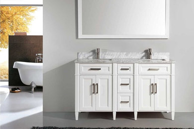 Design ideas for a mid-sized modern master bathroom in Sacramento with marble benchtops.