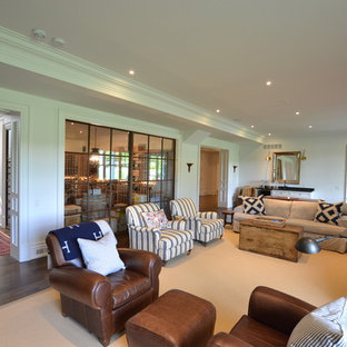 Photo of a traditional walk-out basement in Toronto with white walls, dark hardwood flooring, a wood burning stove, a stone fireplace surround and brown floors.