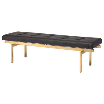Louve Long Brushed Gold Stainless Steel Frame Bench, Black