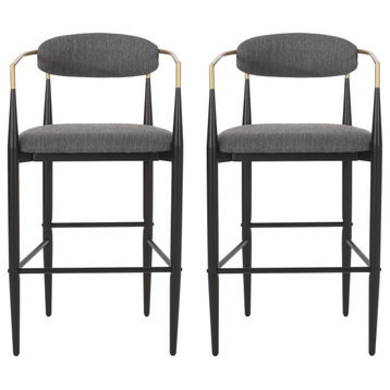 Camas Modern Fabric Upholstered Iron 30" Barstools, Set of 2, Charcoal/Black