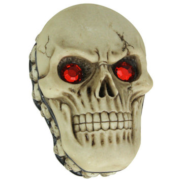 Creepy Human Skull Lidded Trinket Box With Jeweled Red Eyes