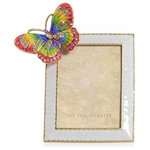 Jay Strongwater - Jay Strongwater Nova Butterfly Frame 3"x4" Frame - Our signature jeweled butterfly – hand-painted in rainbow enamels – pops on the corner of the Nova Butterfly Frame. Casted in pewter, finished in 14K gold, and hand-set with sparkling Swarovski champagne crystals. With our signature, all cream enamel back plate – this frame is truly beautiful from any view. Stands vertically or horizontal.