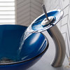 Kraus Irruption Blue Glass Vessel Sink and Waterfall Faucet Satin Nickel
