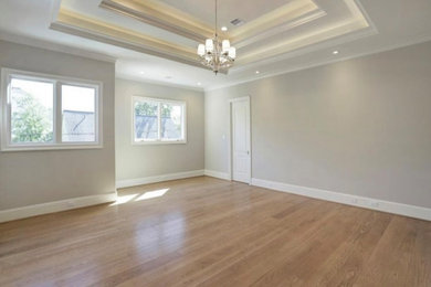 Inspiration for a transitional light wood floor, brown floor and tray ceiling family room remodel in Houston