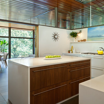 CODE Artic White Glossy Laminate and Cinnamon Walnut Matte Wood Kitchen Remodel
