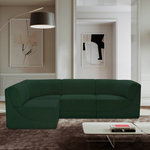 Meridian Furniture - Ollie Black Boucle Fabric L-Shaped Modular Sectional, Green, 4-Piece: 2 Armless Chair, 2 Corner Chair - The Ollie Boucle Fabric Sectional is a truly stunning piece that boasts an elegant and attention-grabbing design. It is upholstered in a rich grey boucle fabric that feels soft and smooth to the touch, making it the perfect addition to any space that requires a touch of sophistication and style. The sectional's modular design ensures that it can easily fit into any room layout, while its plush cushioning provides optimum comfort for you and your guests. Whether you're entertaining guests or simply relaxing after a long day, the Ollie sectional is the perfect piece to help you unwind in style.