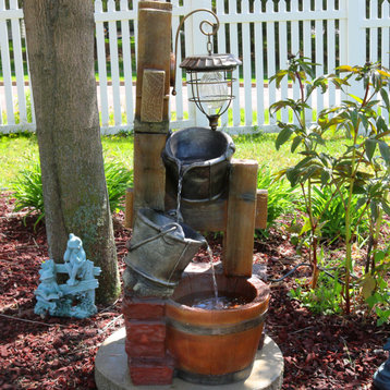 Sunnydaze Rustic Pouring Buckets Outdoor Water Fountain and Solar Lantern, 34"
