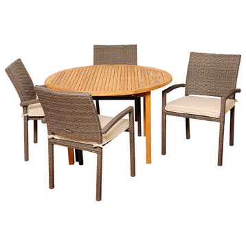Barry 5-Piece Teak and Wicker Round Patio Dining Set With Off-White Cushions