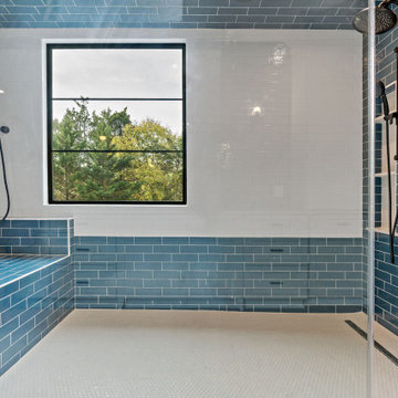 Incredible Blue & White Bath With Wall Bench & Steam Shower