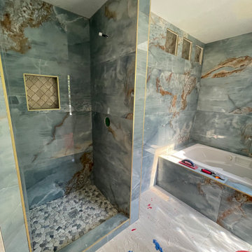 Bathroom Remodel; Huge Blue Tiles; Luxury shower and tub