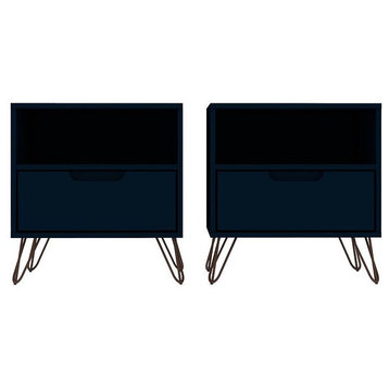 Set of 2 Nightstand, Open Shelf & Lower Drawer With Cut Out Pull, Midnight Blue