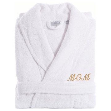 White Terry Bathrobe For Mom With Color Gold Embroidery, Large/XLarge